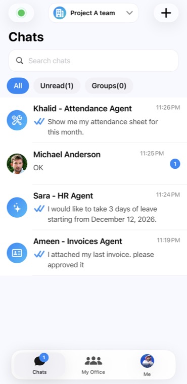 JakMe English chats list with AI MCP agents