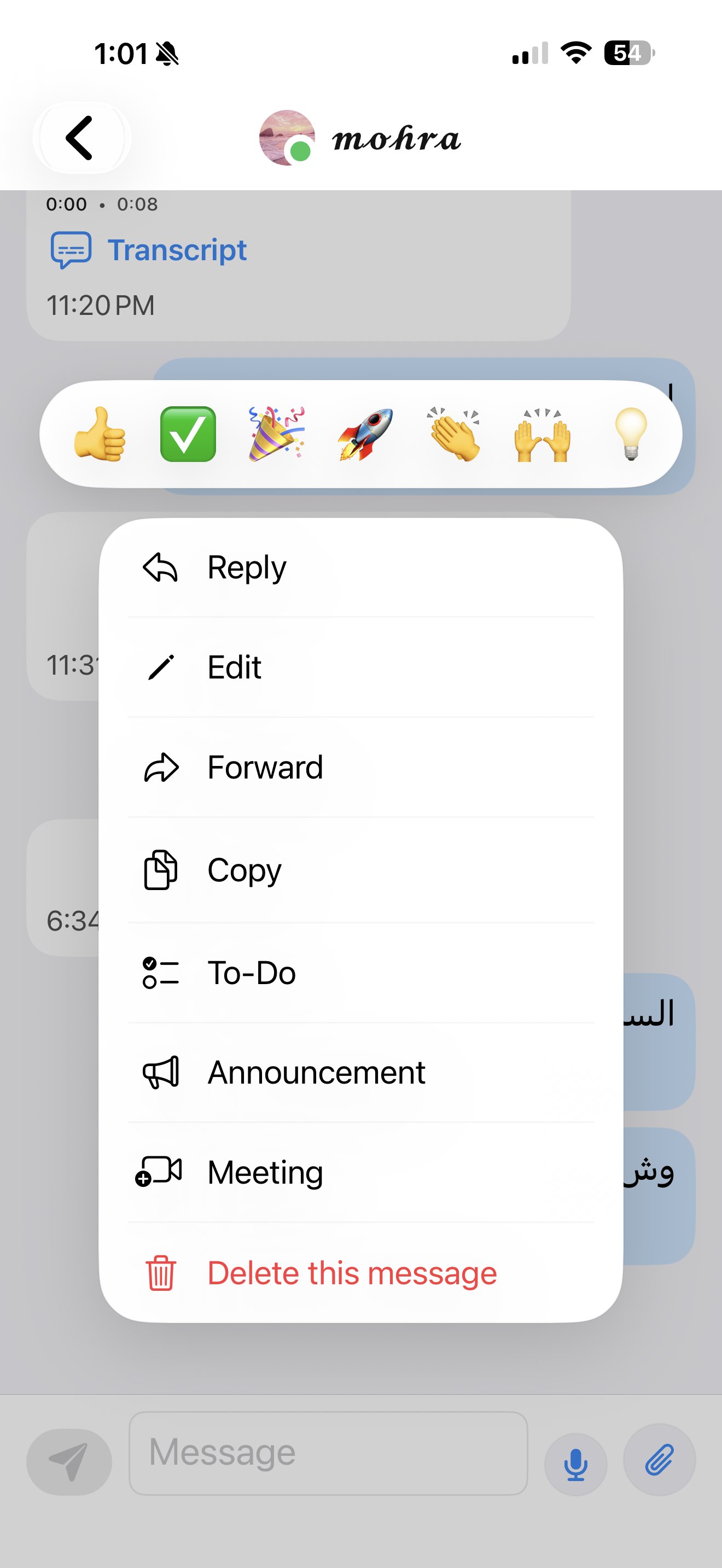 JakMe English message action menu with To-Do, Announcement, and Meeting options